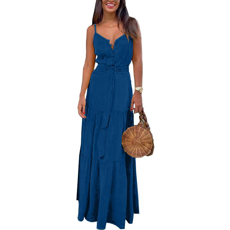 Summer New Women'S Personality Button-Up V-Neck Sling Dress Fc539