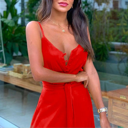 Summer New Women'S Personality Button-Up V-Neck Sling Dress Fc539
