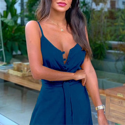 Summer New Women'S Personality Button-Up V-Neck Sling Dress Fc539