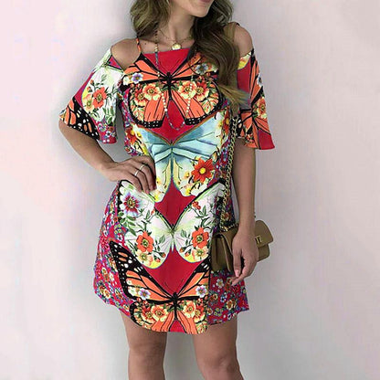 Fashion Women'S Butterfly Print Back Sexy Hollow Lace Short Sleeve Dress