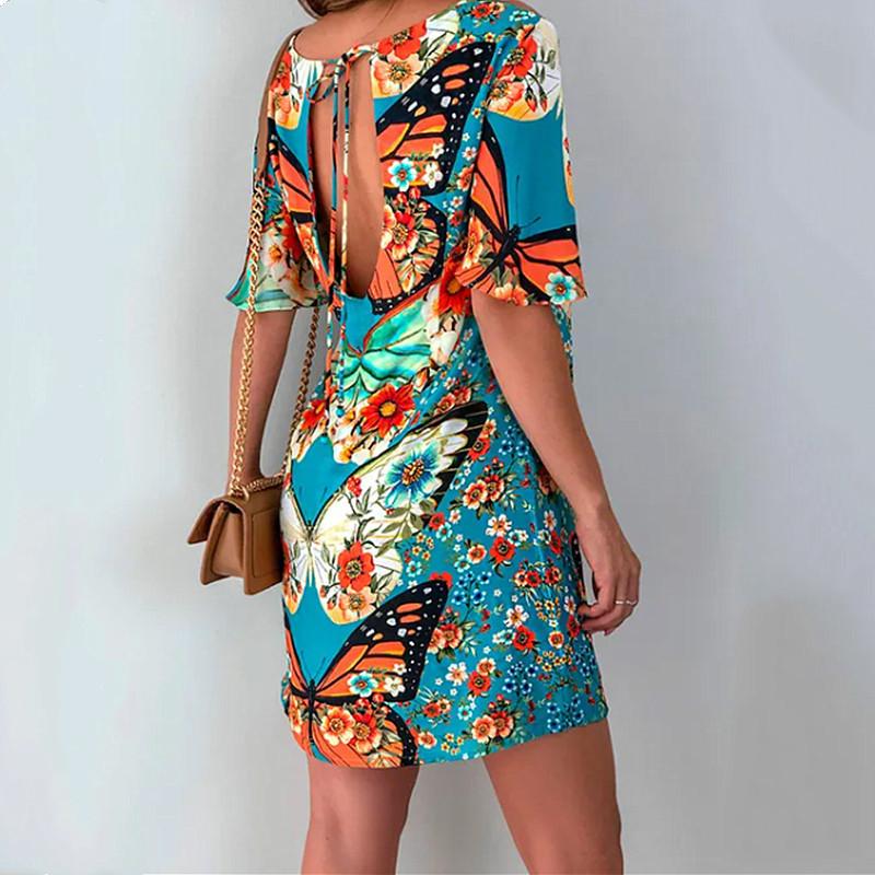 Fashion Women'S Butterfly Print Back Sexy Hollow Lace Short Sleeve Dress