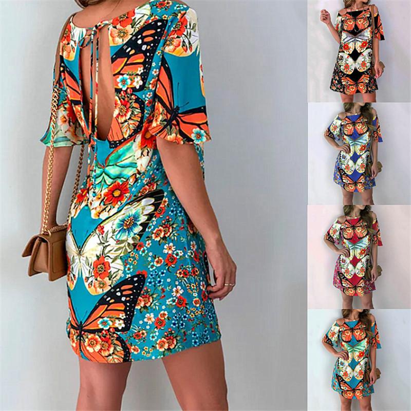 Fashion Women'S Butterfly Print Back Sexy Hollow Lace Short Sleeve Dress