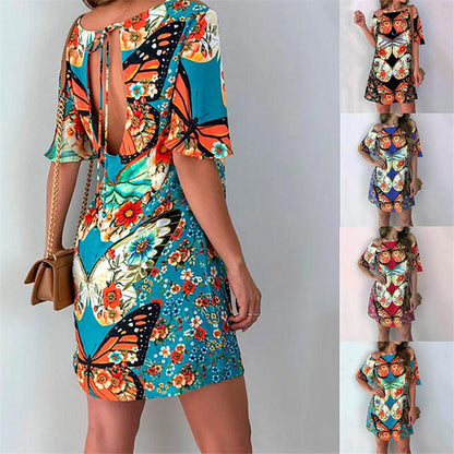 Fashion Women'S Butterfly Print Back Sexy Hollow Lace Short Sleeve Dress