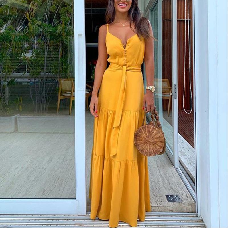Summer New Women'S Personality Button-Up V-Neck Sling Dress Fc539