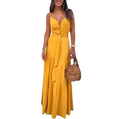 Summer New Women'S Personality Button-Up V-Neck Sling Dress Fc539