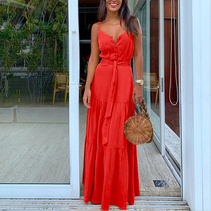 Summer New Women'S Personality Button-Up V-Neck Sling Dress Fc539