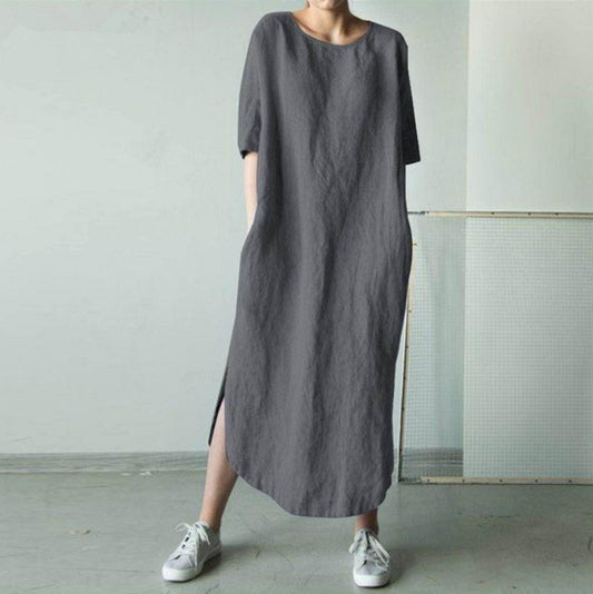 Round Neck Half Sleeve Solid Color Side Slit Mid Calf Cotton Linen Dress For Women