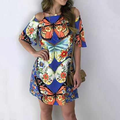 Fashion Women'S Butterfly Print Back Sexy Hollow Lace Short Sleeve Dress