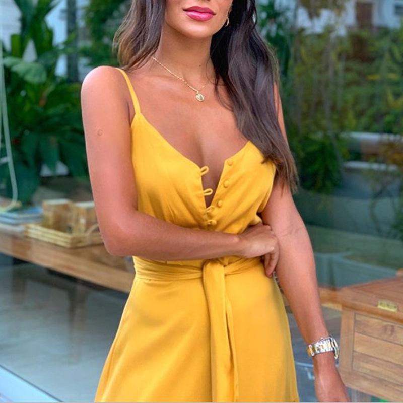 Summer New Women'S Personality Button-Up V-Neck Sling Dress Fc539