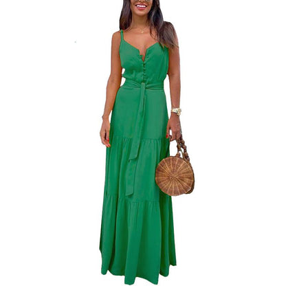Summer New Women'S Personality Button-Up V-Neck Sling Dress Fc539