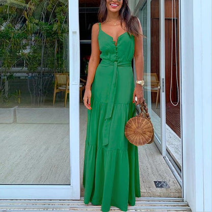 Summer New Women'S Personality Button-Up V-Neck Sling Dress Fc539