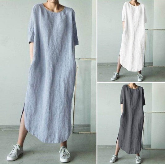 Round Neck Half Sleeve Solid Color Side Slit Mid Calf Cotton Linen Dress For Women