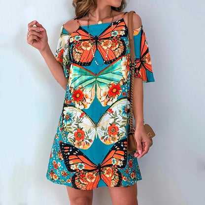 Fashion Women'S Butterfly Print Back Sexy Hollow Lace Short Sleeve Dress