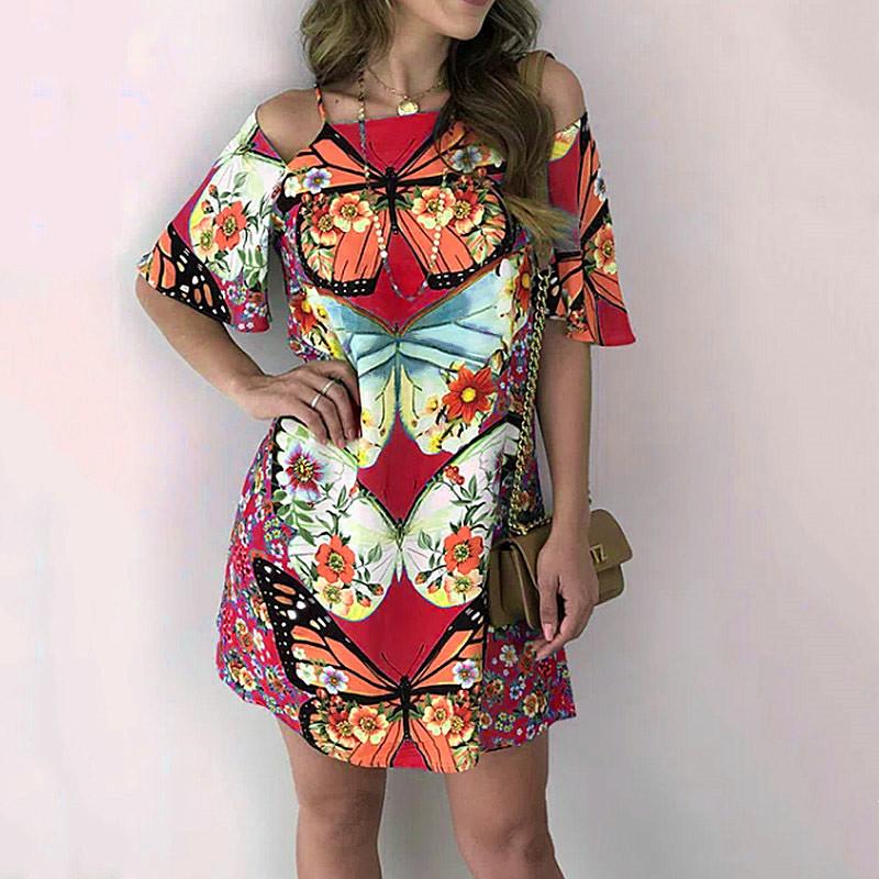 Fashion Women'S Butterfly Print Back Sexy Hollow Lace Short Sleeve Dress