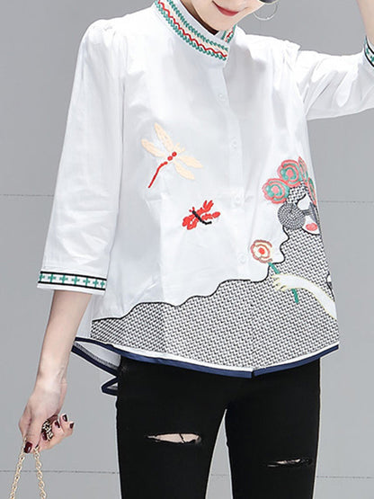 High-Low Loose Contrast Color Embroidered Printed Blouses&Shirts Tops