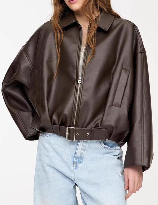 Loose Drop Shoulder Leather Jacket