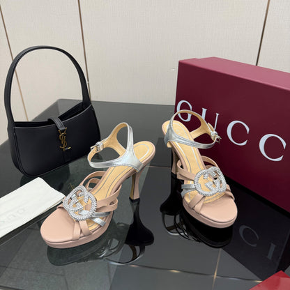 GG Pump 10.5cm With Crystal Interlocking G Beige Sliver Leather