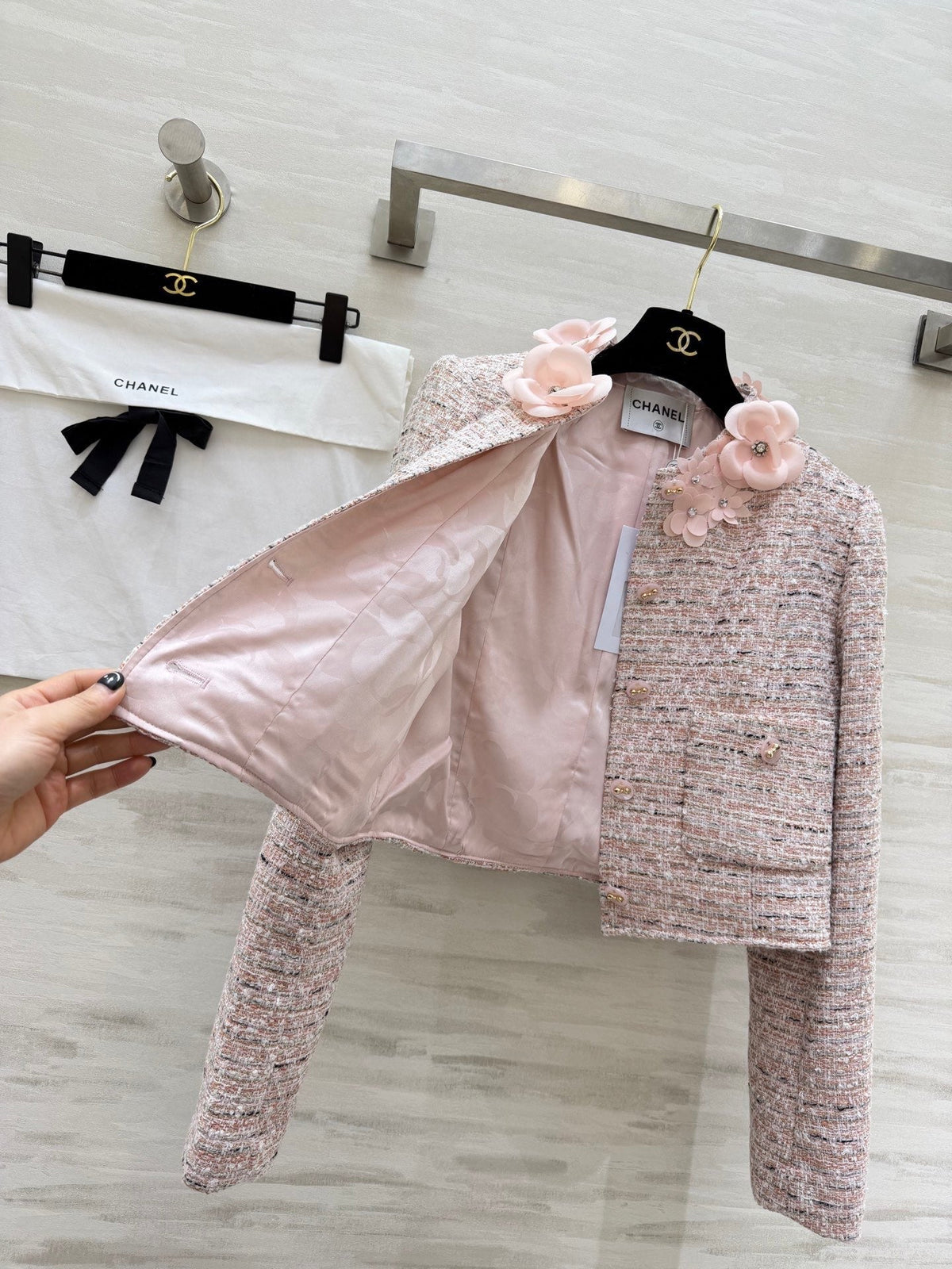 CC 26s Coat 3D Floral Embellished Light Pink Wool Blend Tweed