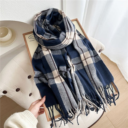 Color Block Plaid Fringe Scarf