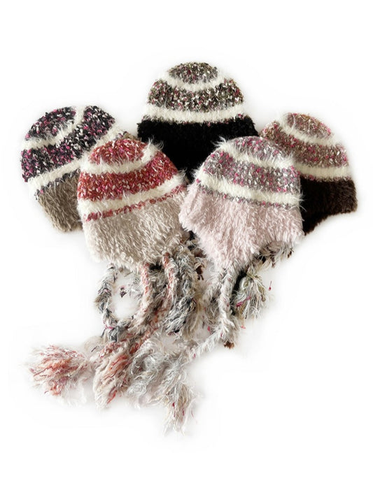 Haila - Minimalist Color-Block Knitted Beanie with Tassel Braids