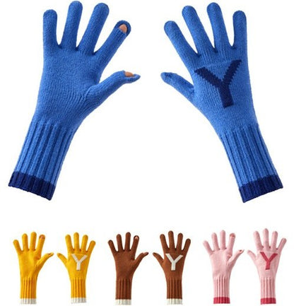 Letter Jacquard Color Block Knit Gloves