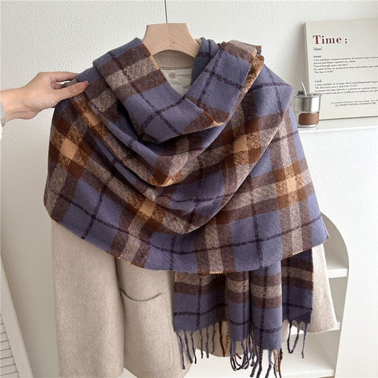 Color Block Plaid Fringe Scarf