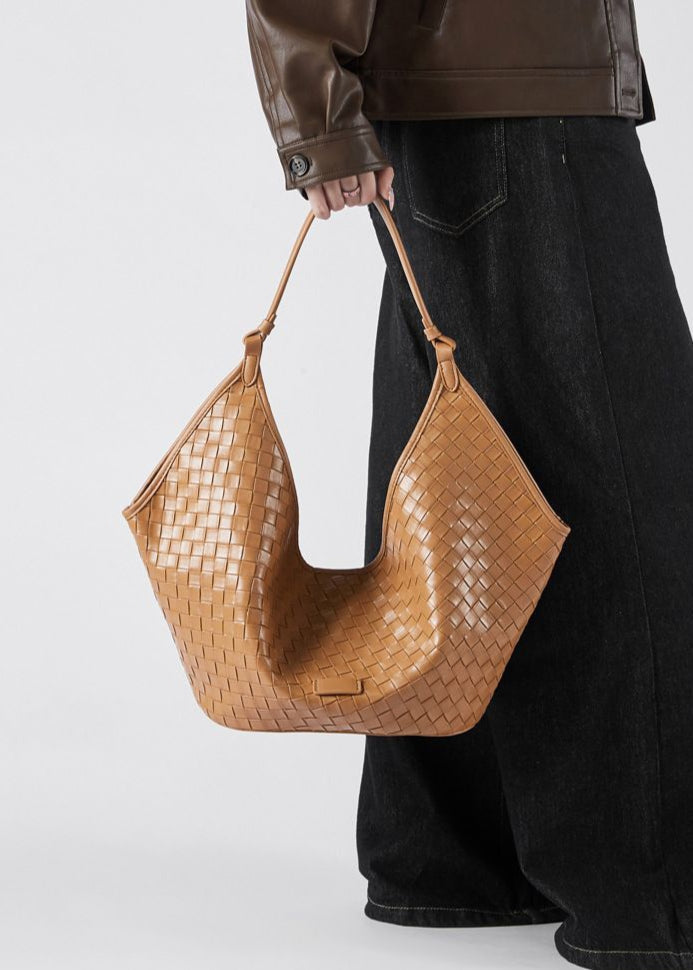 Woven Leather Shoulder Hobo Bag Soft Cowhide