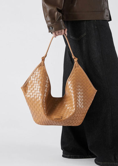 Woven Leather Shoulder Hobo Bag Soft Cowhide