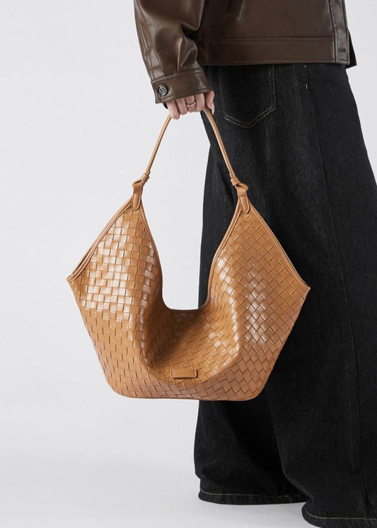 Woven Leather Shoulder Hobo Bag Soft Cowhide