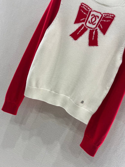 Chanel 2025 Bow Sweater White mix Red Wool 99220