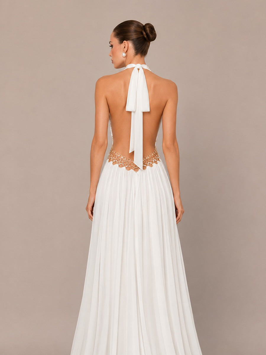 Natalia Handcrafted Deep-V Cut-Out Maxi Dress In White