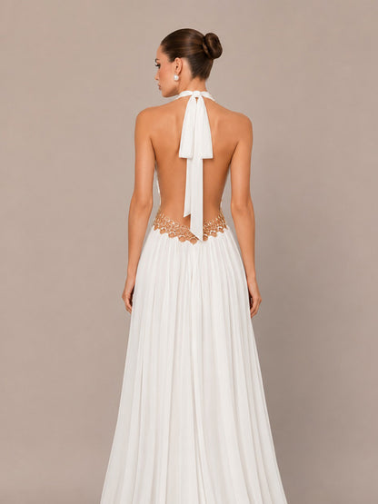 Natalia Handcrafted Deep-V Cut-Out Maxi Dress In White