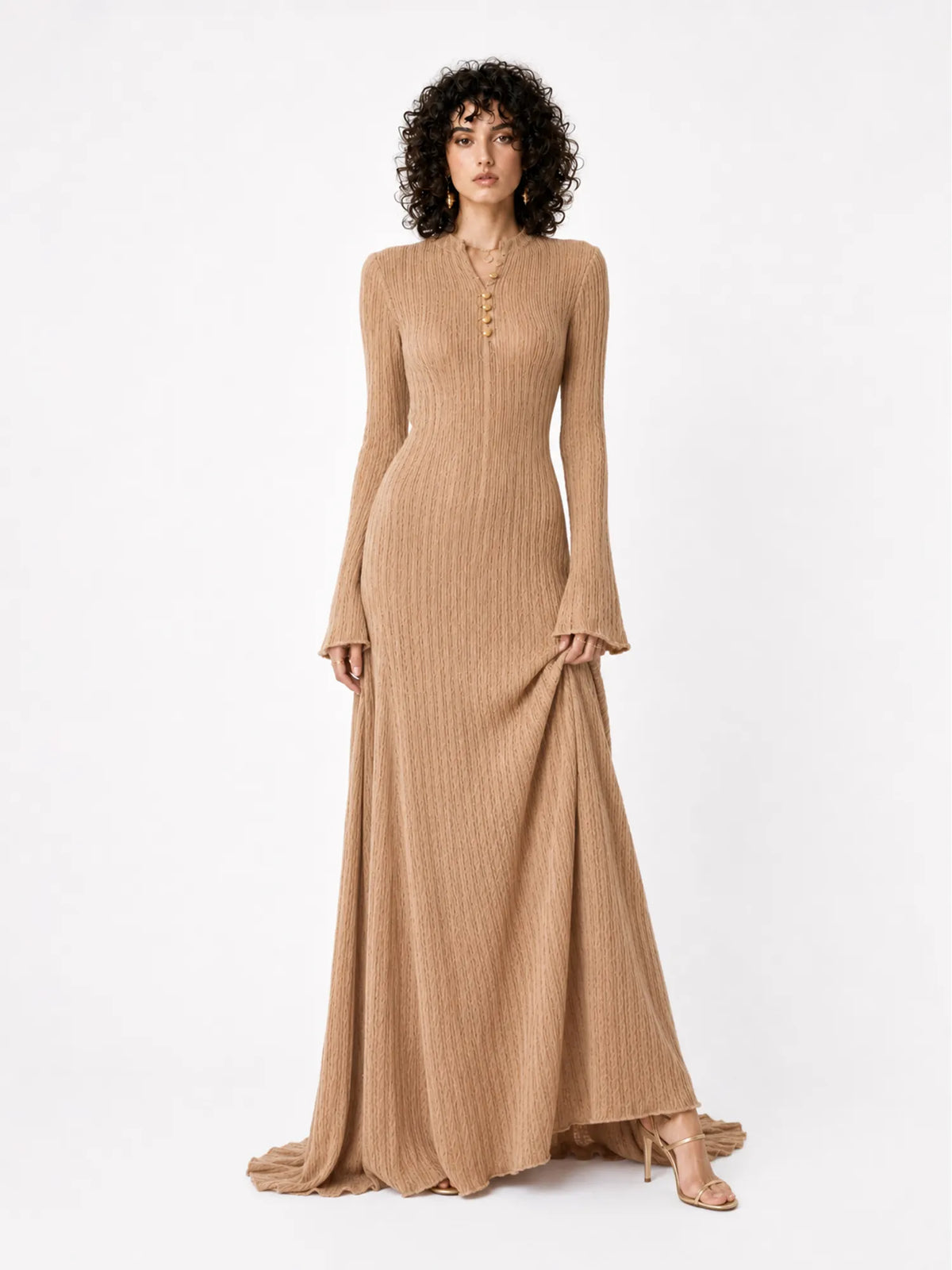 Aurora Long-Sleeve Bodycon Maxi Dress with Metallic Embellishment