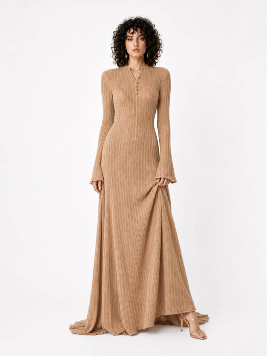 Aurora Long-Sleeve Bodycon Maxi Dress with Metallic Embellishment