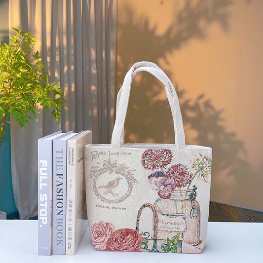 Cosbai - Flower-in-a-Bottle Embroidered Canvas Bag