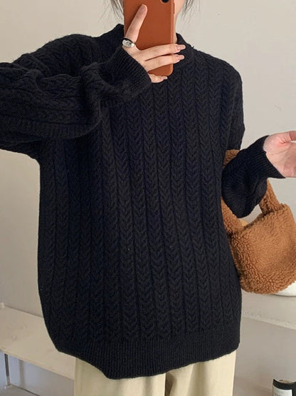 Long Sleeves Loose Solid Color Velvet Round-Neck Knitwear Pullovers Sweater Tops