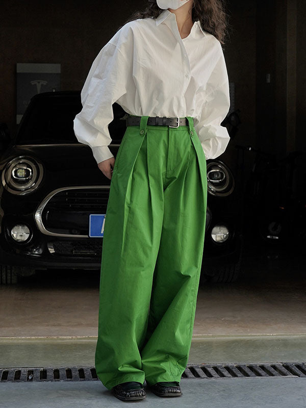High Waisted Loose Pleated Solid Color Casual Pants Bottoms Trousers