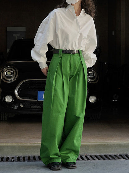 High Waisted Loose Pleated Solid Color Casual Pants Bottoms Trousers