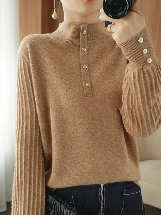 Casual Puff Sleeves Long Sleeves Solid Color Half Turtleneck Sweater Tops