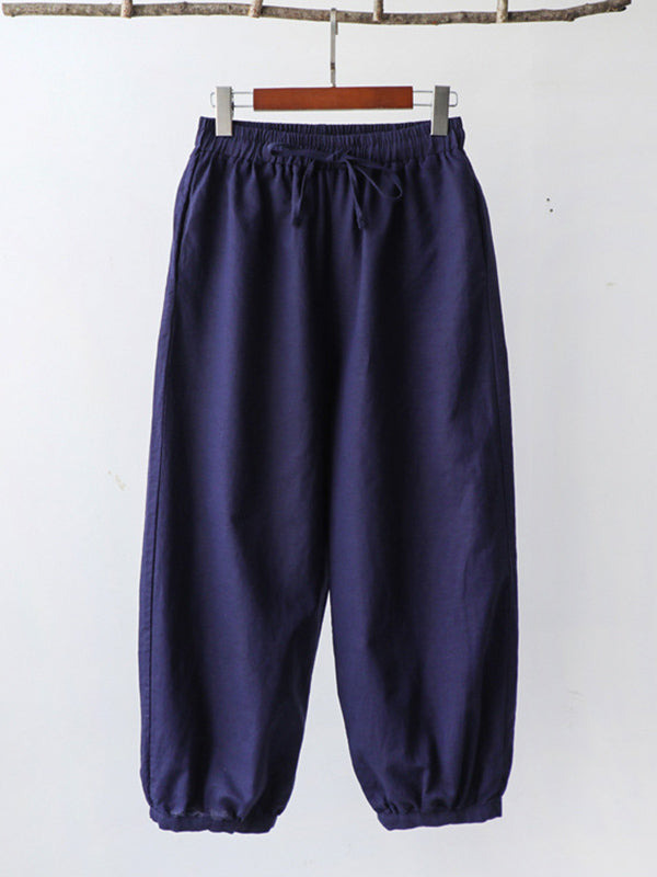 Simple Linen Solid Color Elasticity Waist Loose Knickerbockers&Capri-Pants