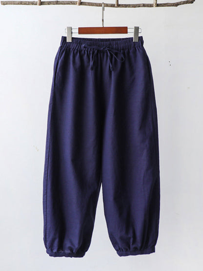 Simple Linen Solid Color Elasticity Waist Loose Knickerbockers&Capri-Pants