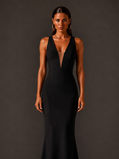 Lena Back Crystal Fringe Bandage Maxi Dress