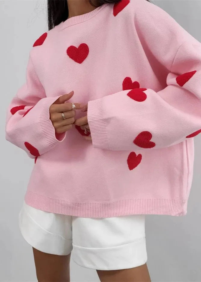 Cozy Knit Sweater With Embroidered Hearts