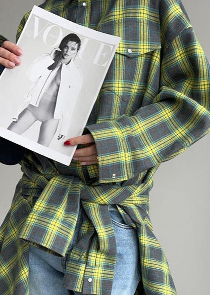 Loose Plaid Cotton Shirt With Lapels And Pocket