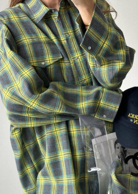 Loose Plaid Cotton Shirt With Lapels And Pocket
