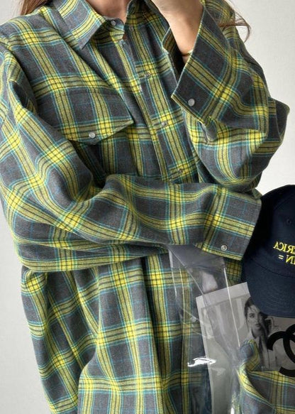 Loose Plaid Cotton Shirt With Lapels And Pocket