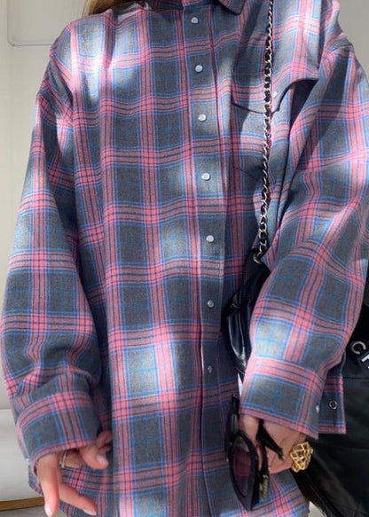 Loose Plaid Cotton Shirt With Lapels And Pocket