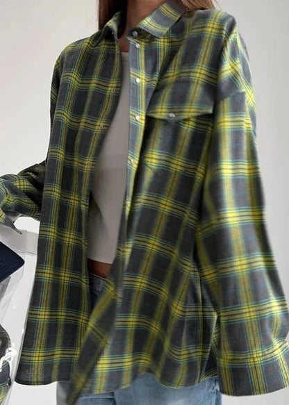 Loose Plaid Cotton Shirt With Lapels And Pocket