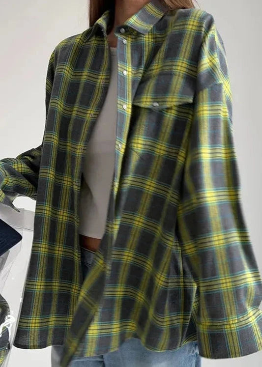 Loose Plaid Cotton Shirt With Lapels And Pocket
