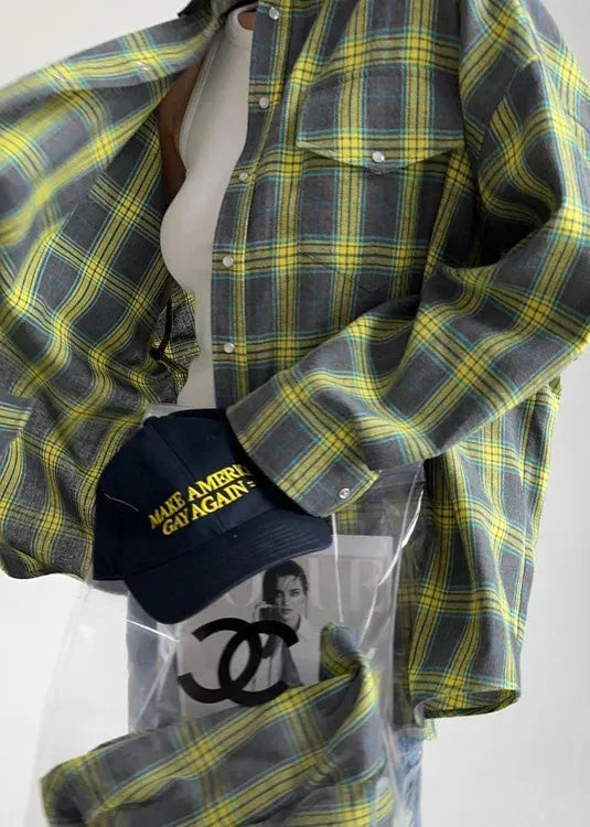 Loose Plaid Cotton Shirt With Lapels And Pocket